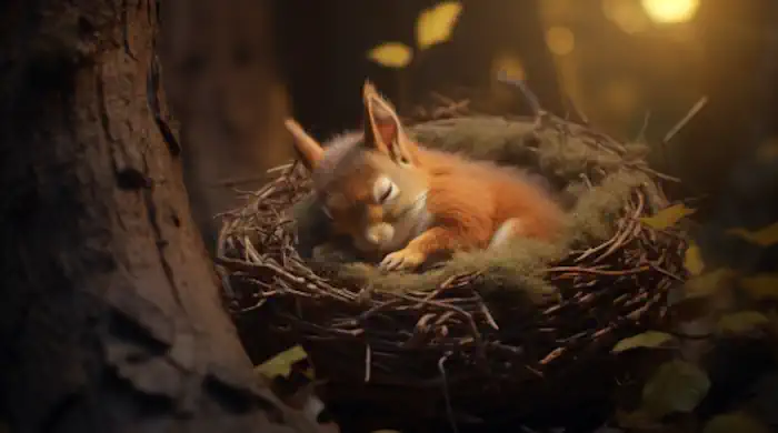 Squeaky the Squirrel Falls Asleep in His Nest in the Forest