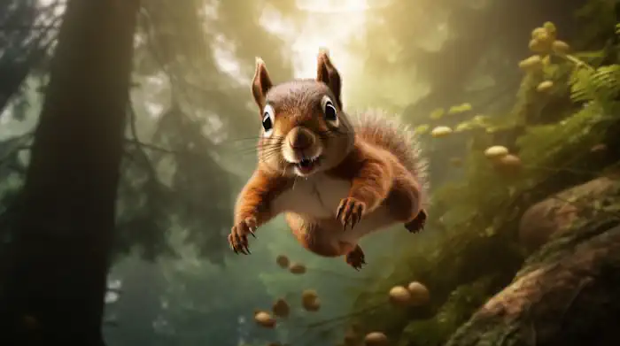 Squeaky the Squirrel Flying in the Forest